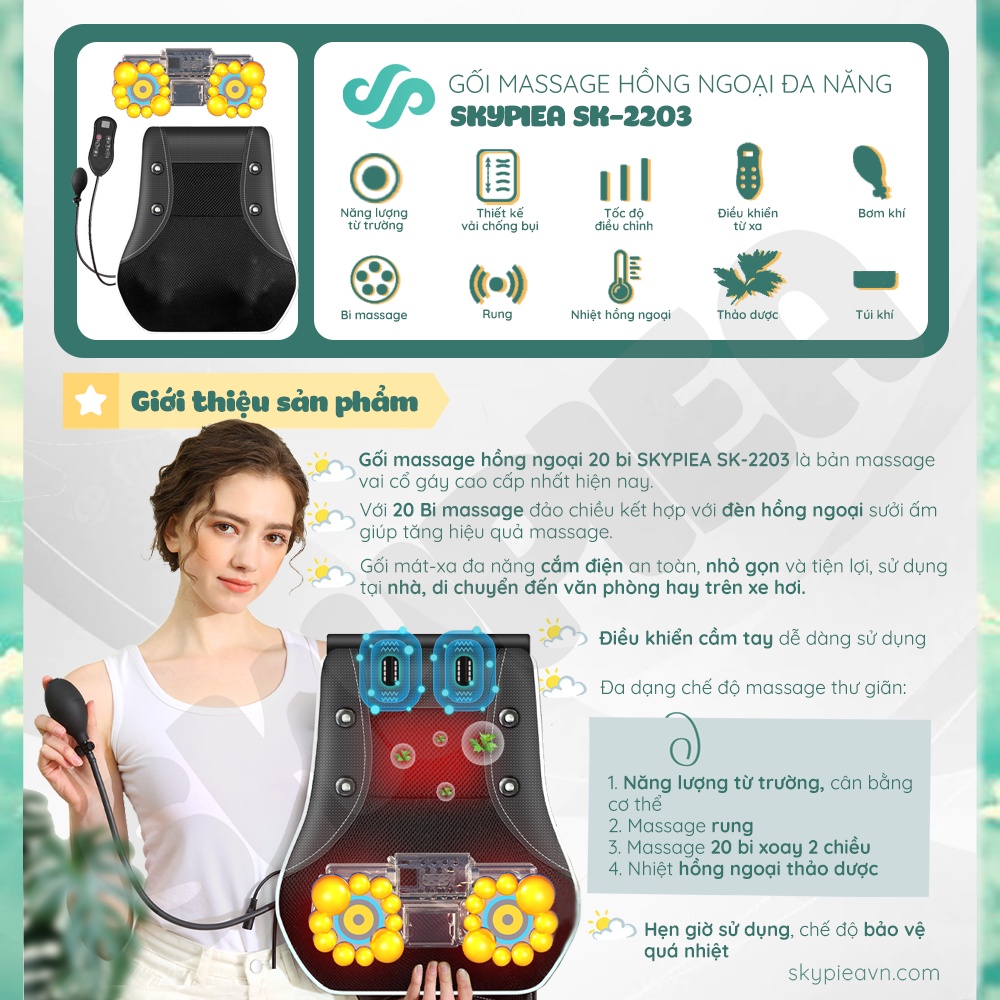 Gối Massage Hồng Ngoại Tích Hợp Tính Năng Điều Khiển Cầm Tay, Chế Độ Rung, Hồng Ngoại, Có Túi Khí - Chính Hãng SKYPIEA