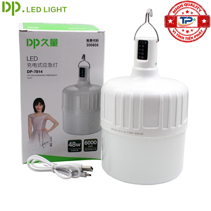 Bóng đèn LED sạc tích điện 48W DP-7814 với 3 chế độ sáng 9-16 tiếng, chống nước, dùng khi mất điện, bán hàng, cắm trại
