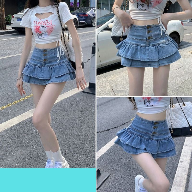 Váy jean xòe 2 tầng Cao cấp phối kiểu xinh xắn ❤