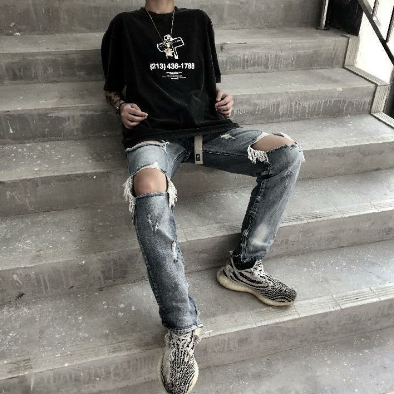 Quần Jean Nam Rách Gối Zipper Co Giãn Phong Cách HIPHOP STREETWEAR - Quần Bò Rách Gối Skinny Dáng Fog Justin Bieber