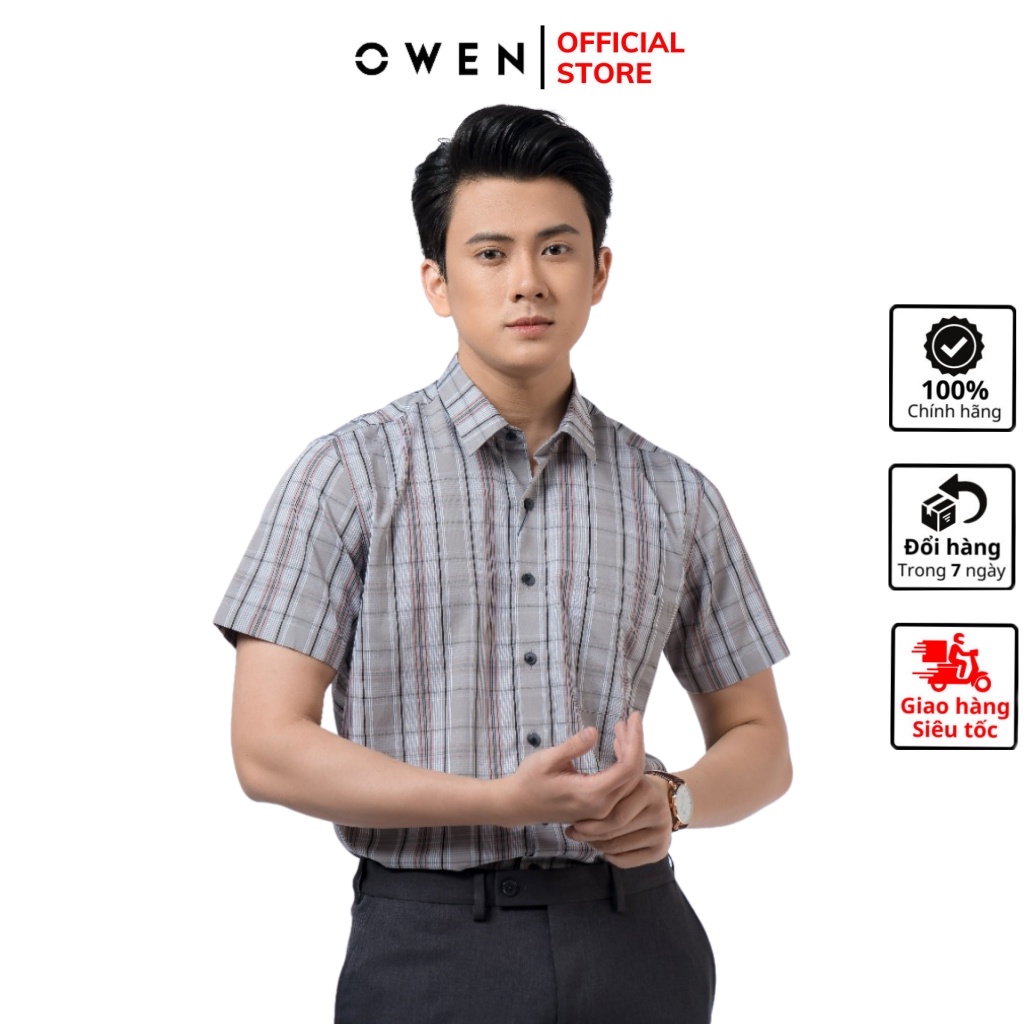 Áo sơ mi nam ngắn tay OWEN BA220222NT công sở vải bạc hà cao cấp màu kẻ caro nâu đen trắng dáng suông tà bằng có túi
