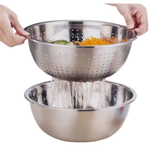 Bộ Thau Rổ Inox Đa Năng - Bộ 3 Rổ Chậu Nạo Gọt Bào Thái Lát Rau Củ Quả Chuyên Nghiệp No.101233