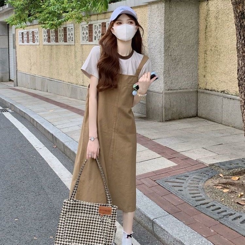 Set váy yếm suông kaki nâu nhạt cho nữ mùa thu