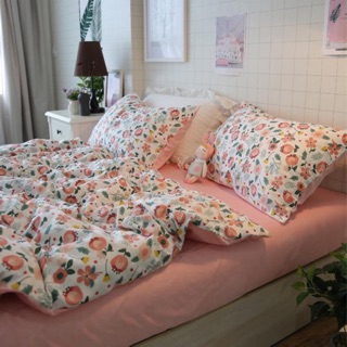 Bộ drap & chăn phao cotton poly hoa lựu