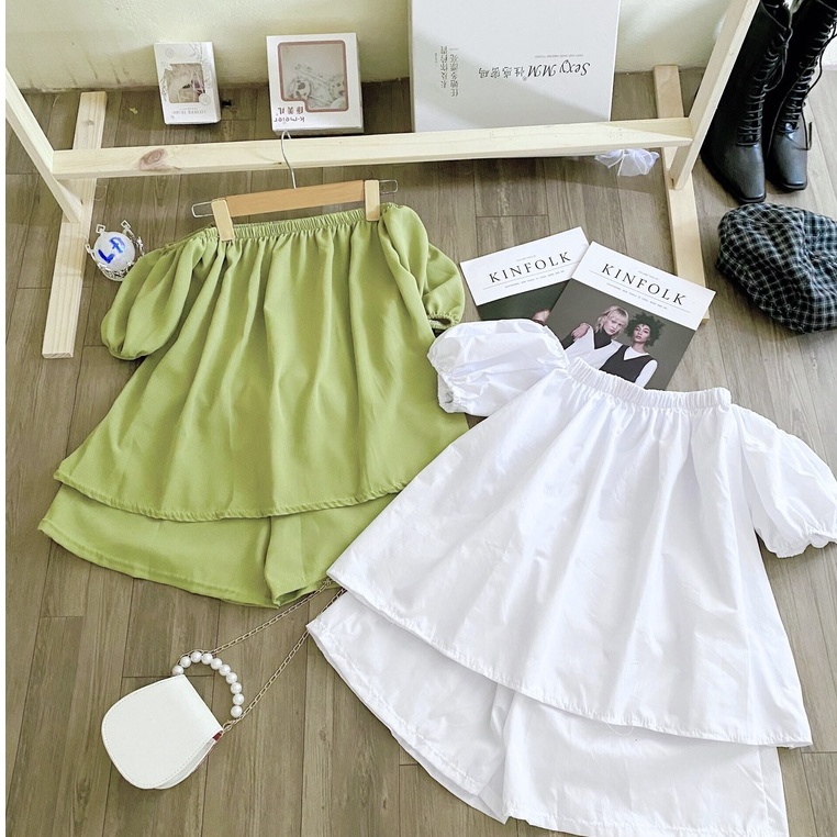Set bộ áo trễ vai tay bồng kèm quần sooc đùi xinh xắn, Video Ảnh Thật, hai màu hottrend freesize