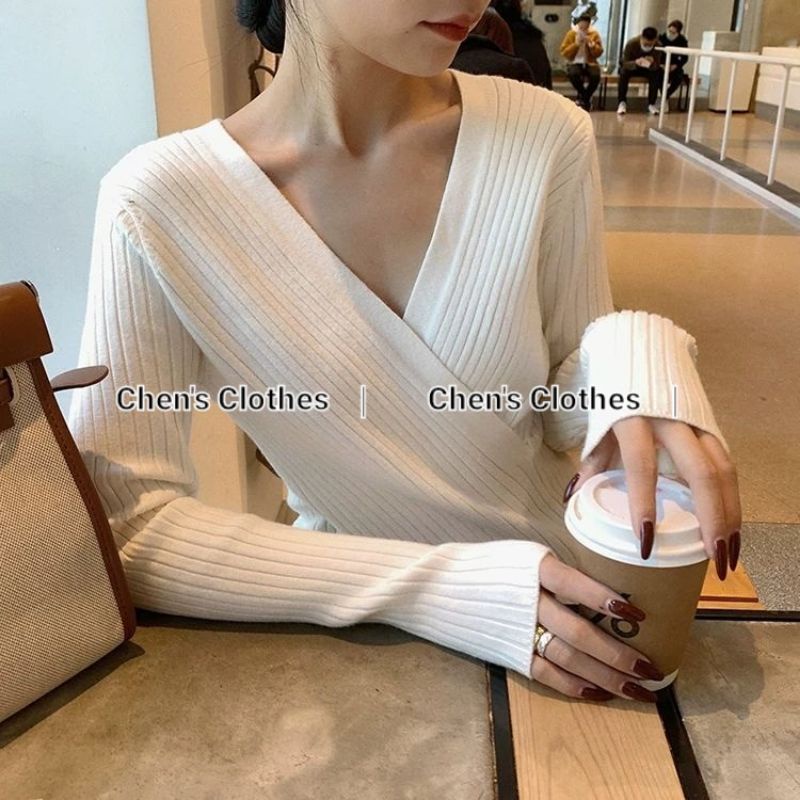Áo len tăm nữ body cổ V vạt chéo siêu sang chảnh