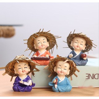 Bộ tượng chibi Cầm Kỳ Thi Họa đội nón rơm