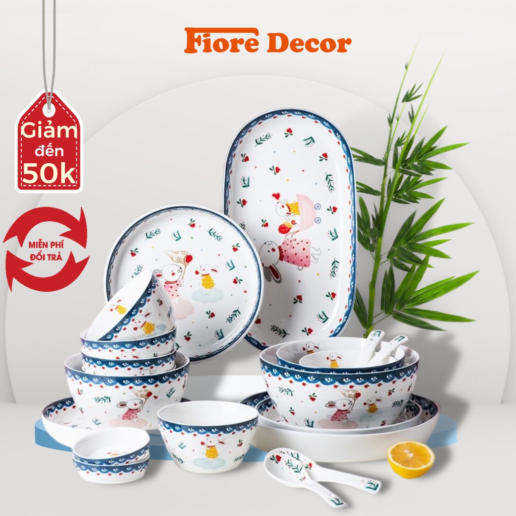 Bộ bát đĩa sứ cao cấp đẹp Thỏ Harpy họa tiết thỏ mẹ và thỏ con xinh xắn Fiore
