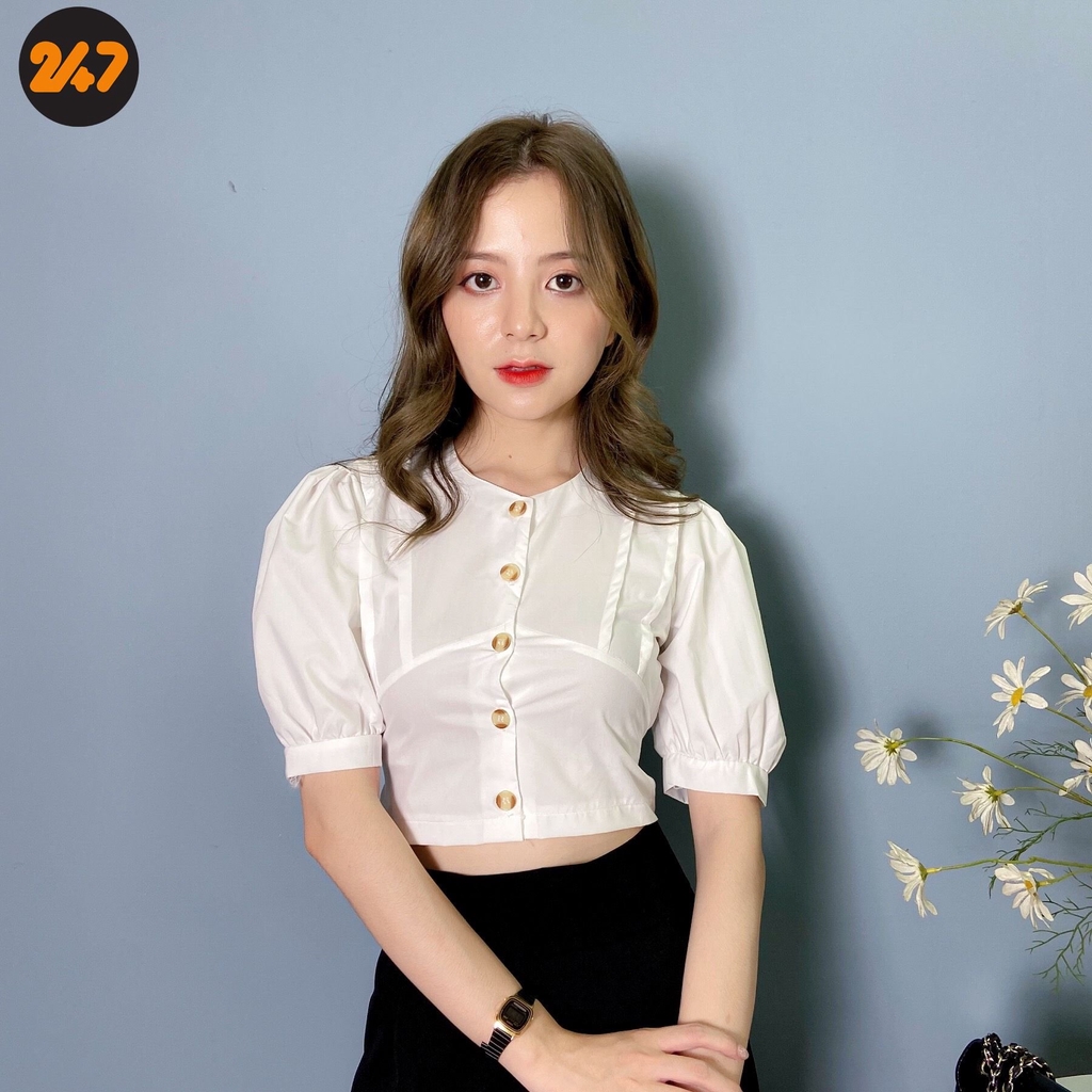 Áo Croptop Cúc Nâu Buộc Nơ | BigBuy360 - bigbuy360.vn