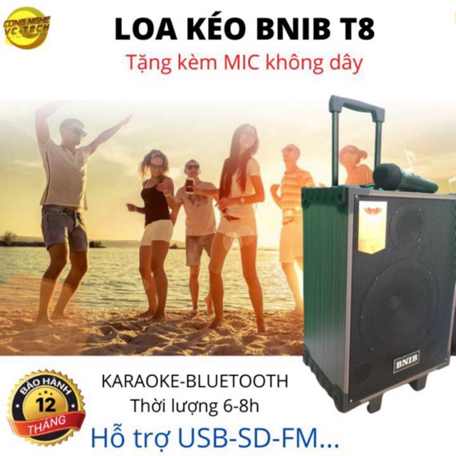 Loa Kéo Karaoke Bluetooth BNIB T8 Bass 20cm - BH 12 tháng (Tặng micro k dây)-Sản phẩm mới nhất 2020