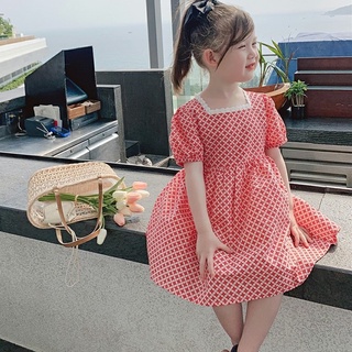 Váy hoa nhí đỏ tay bồng buộc dây lưng cho bé gái size 8-20kg