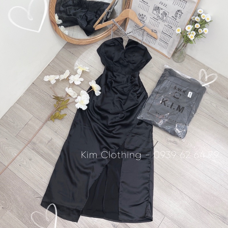 [Hàng sẵn - Hình thật] Đầm cổ yếm cúp ngực xẻ tà nhíu eo sang chảnh