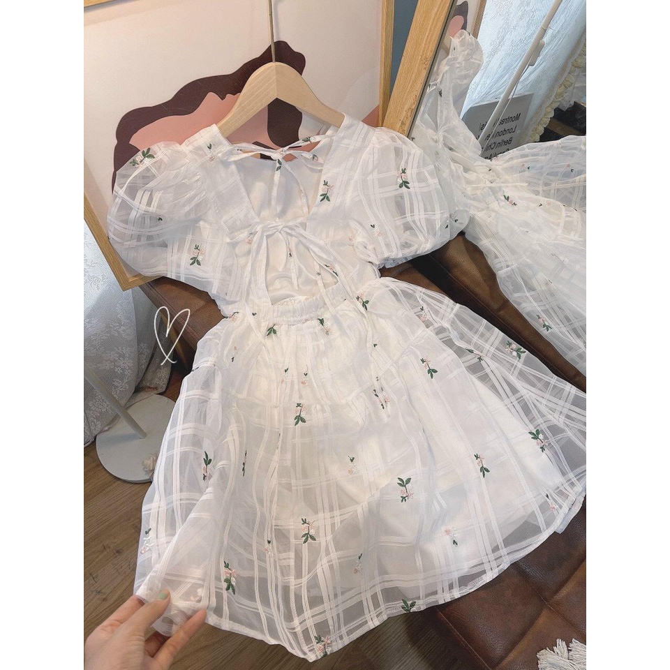Đầm babydoll hoa ô vuông trắng cột dây lưng💖 KÈM ẢNH THẬT