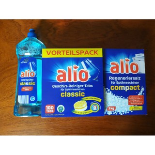 Combo rửa bát Alio : Viên rửa classic 100v + muối 2kg + bóng 1lít