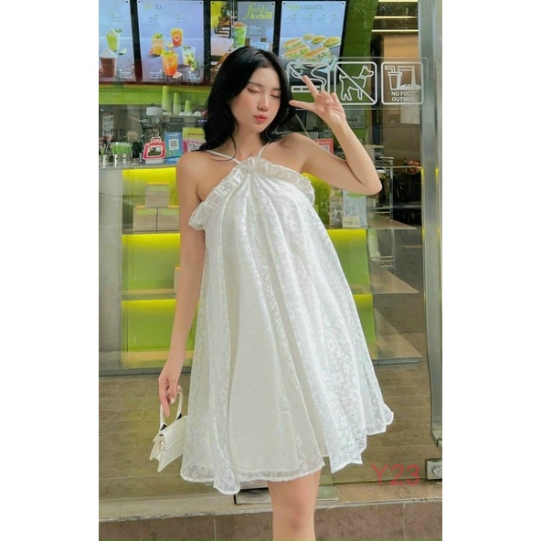 ĐẦM REN BÔNG HOA CỔ YẾM DÂY SUÔNG CỰC XINH SIÊU SANG CHẢNH PU