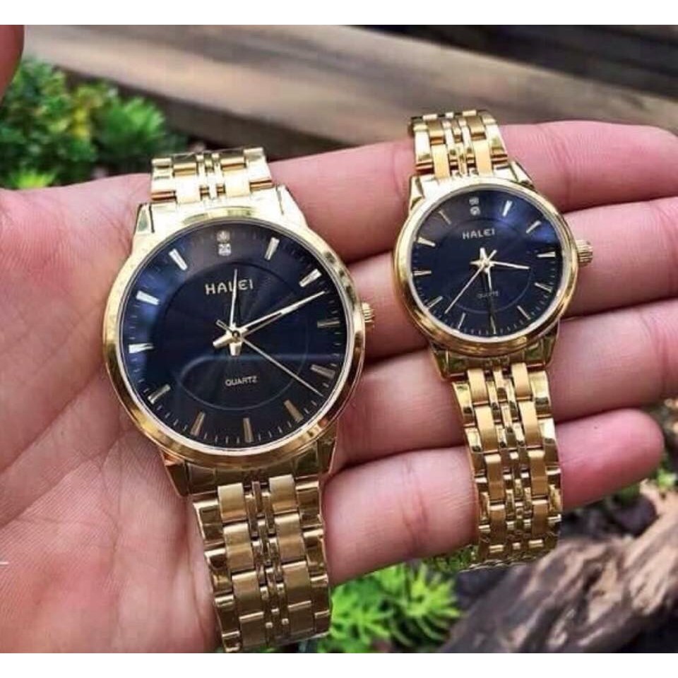 Cặp Đồng hồ đôi Halei máy Nhật mạ vàng không ghỉ chống nước, chống xước.