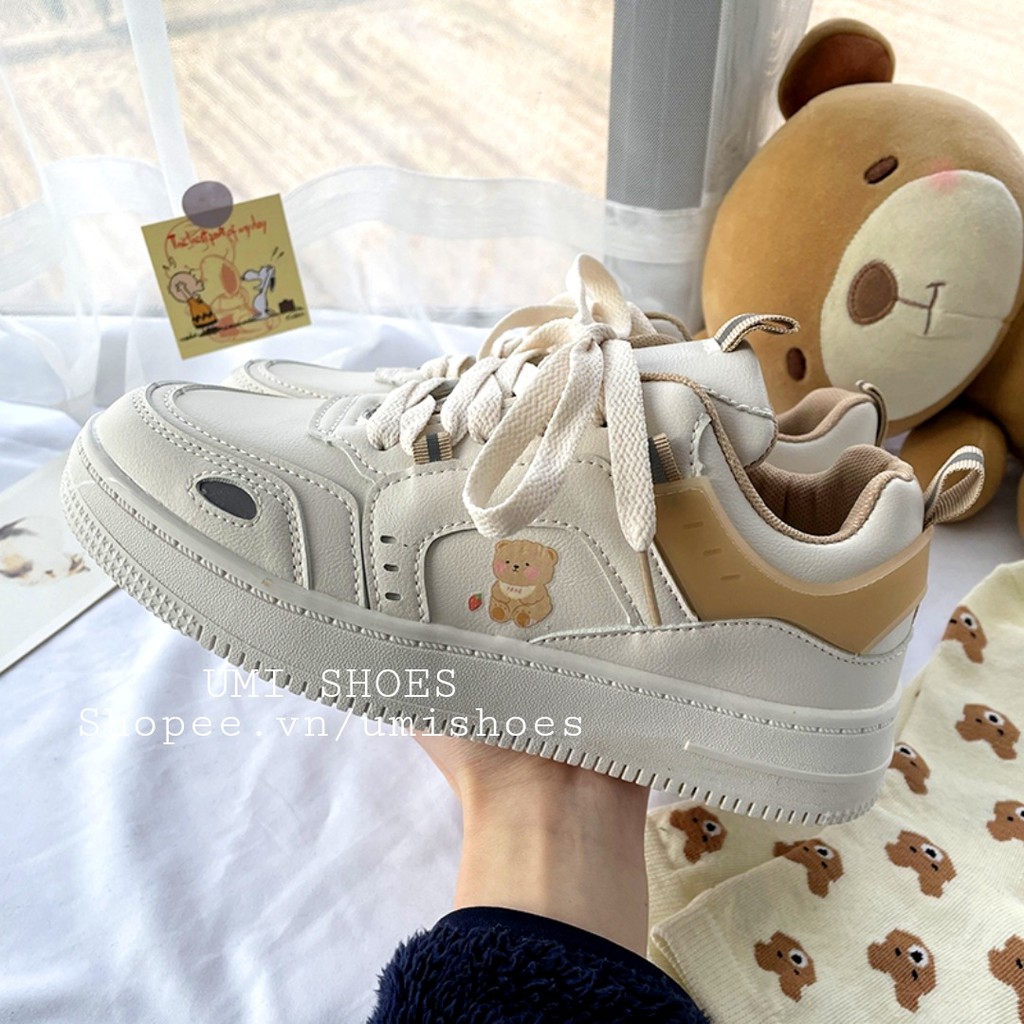 [SẴN-NOWSHIP] Giày thể thao nữ SD02 hình gấu cute dễ thương độn đế cao 4cm buộc dây màu trắng kem xinh đẹp mới hot rẻ