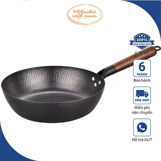 Chảo Thép Rèn Vân Búa Chống Dính Tay Cầm Gỗ Kiểu Nhật Sâu Lòng Size 28cm Dùng Được Bếp Từ