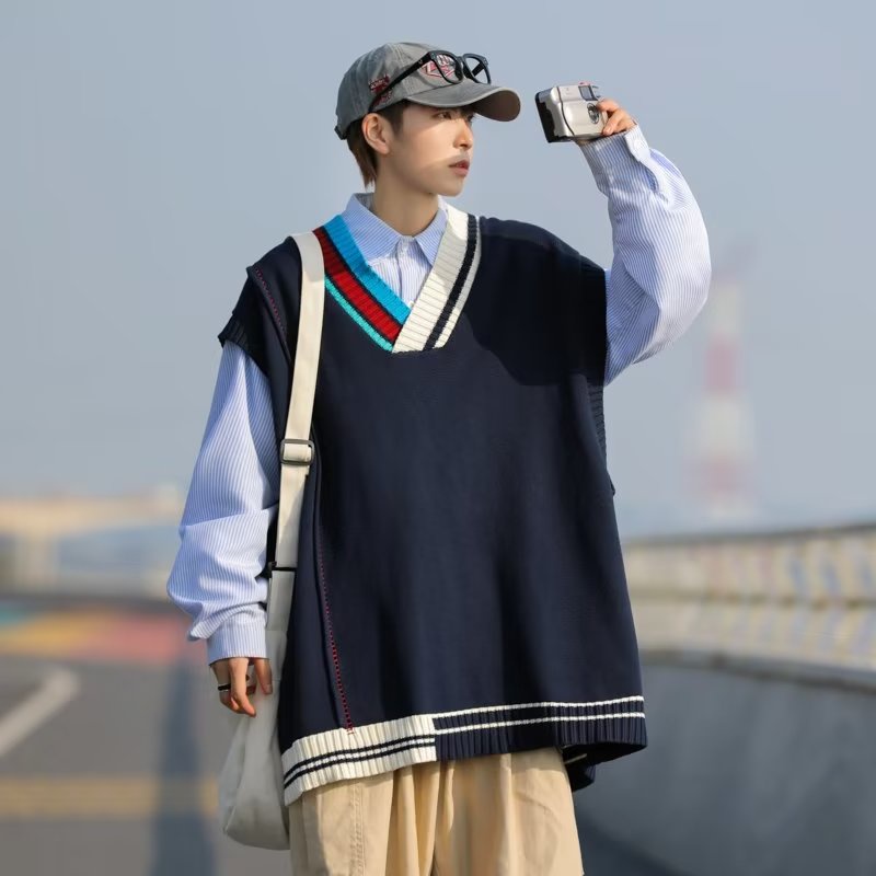 Áo Sweater Dệt Kim Sát Nách Dáng Rộng Kẻ Sọc Cổ V Kiểu Hàn Quốc Cá Tính Cho Các Cặp Đôi