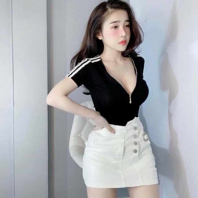 Áo dây kéo cổ phối sọc co giãn, thoải mái (&lt;52kg, ảnh thật cuối)