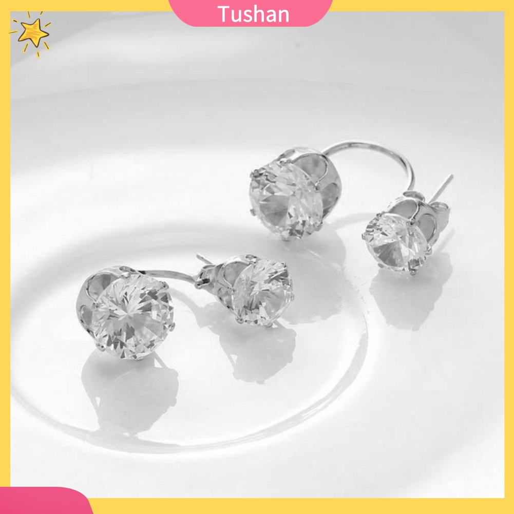 TUSH_Fashion Women Double Cubic Zirconia Drop Ear Jacket Piercing Earrings Jewelry