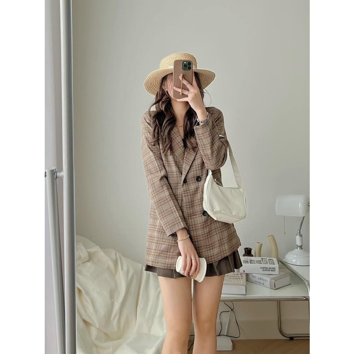 [ẢNH THẬT]Áo blazer màu Kẻ Nâu Tay sang chảnh trơn Khoác Dạ Dáng Dài - dáng suông rộng trượt vạt bầu dáng rộng- áo khoá