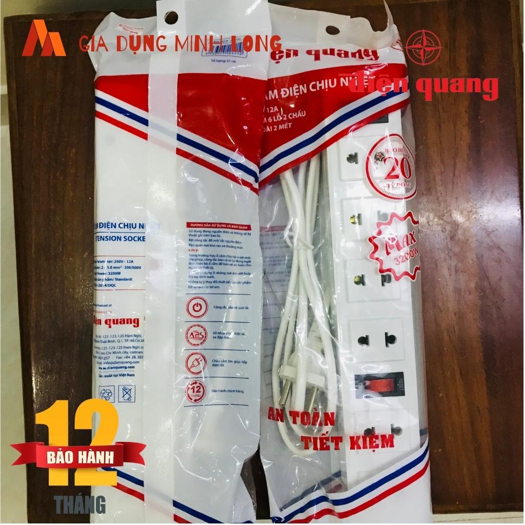 Ổ cắm Điện Quang 6 lỗ 2 chấu 3200W- Ổ cắm liền dây 2 mét, 5 mét chịu tải