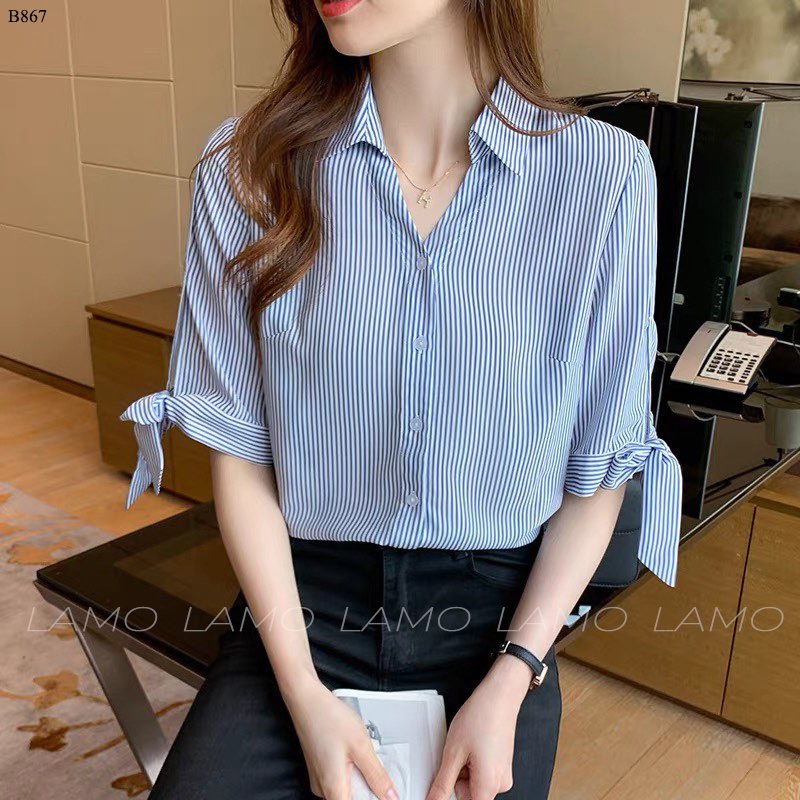 Áo nữ công sở sọc phối tay cột nơ LAMO- B867