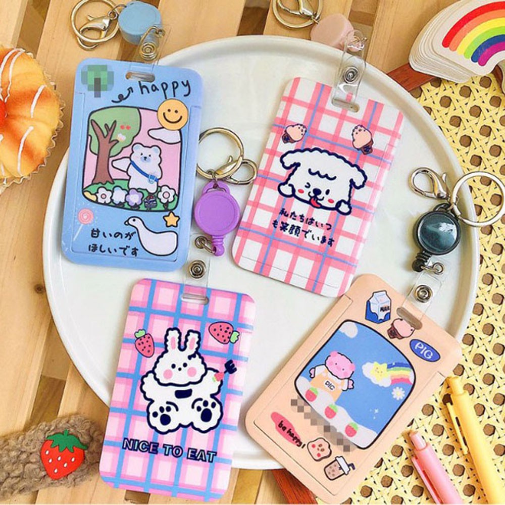 MOCHO Women Men Retractable Credit Card Holders Lovely Short Rope Keychain Bus Card Holder Cartoon Pattern Cute School Student Bag Pendant Bear Rabbits Girls Animal Korean style Name Card Protection Cover