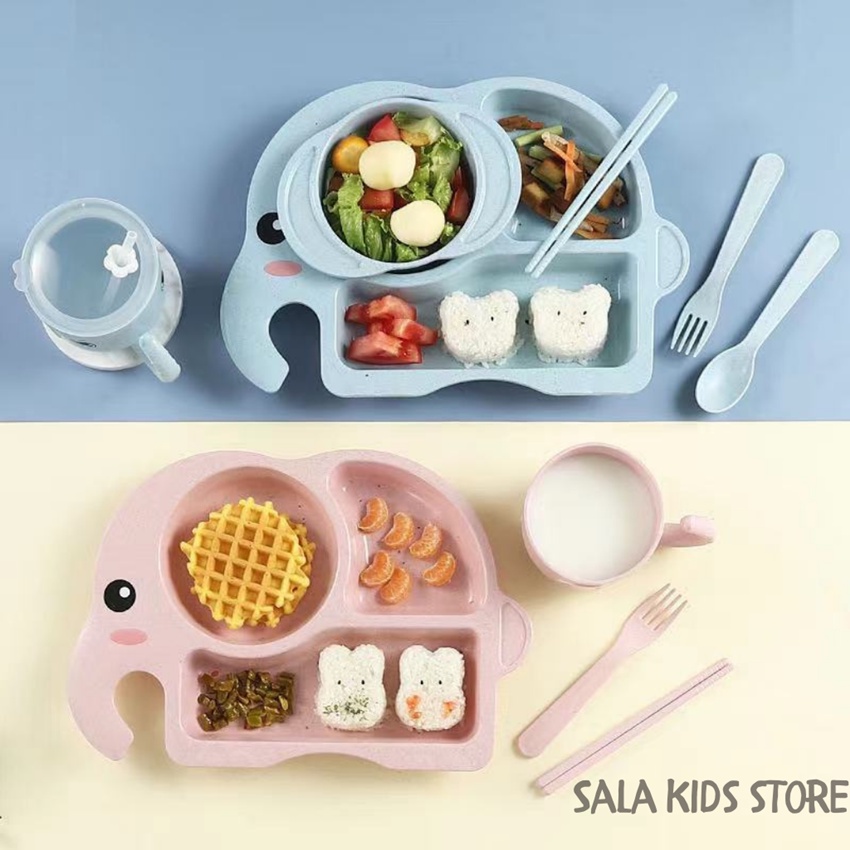 Khay Ăn Dặm Lúa Mạch Đựng Thức Ăn Cơm Cho Bé Chống Đổ Hình Con Voi SALA KIDS AT01