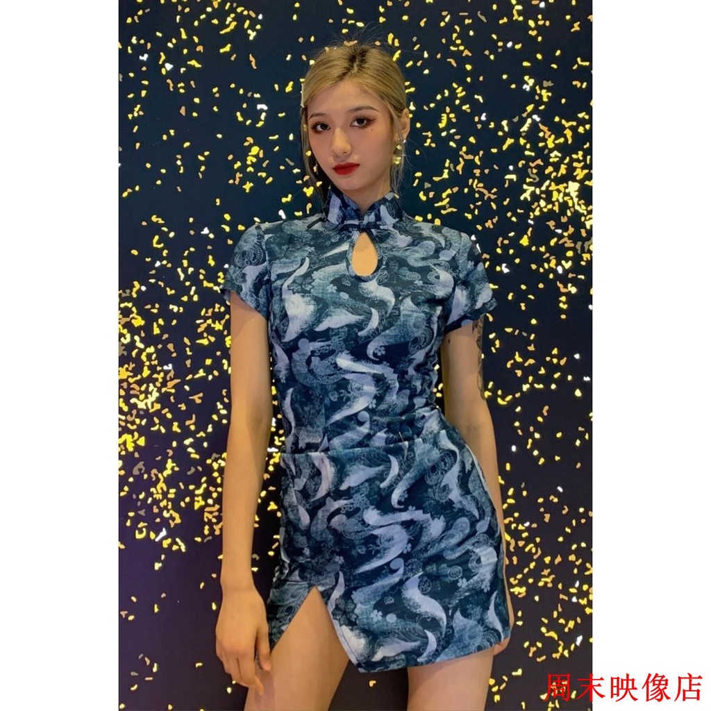 Sườn Xám Cách Tân Xẻ Tà Dáng Ôm Màu Xanh Dương Phong Cách Trung Hoa Cổ Điển Thời Trang Mùa Hè Quyến Rũ Cho Nữ