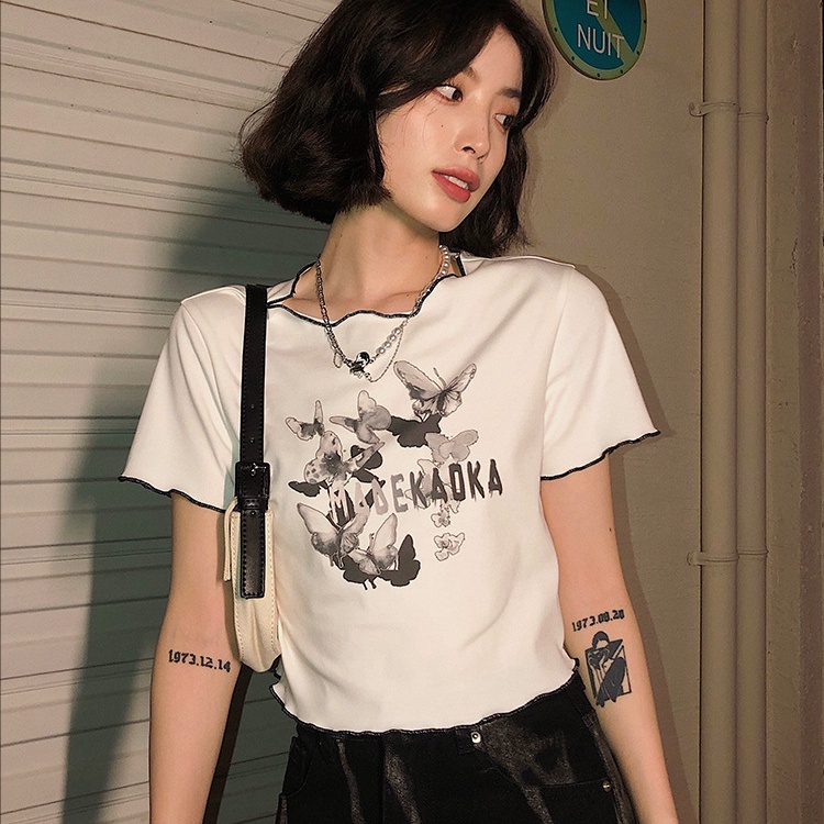 Áo Thun Tay Ngắn Dáng Rộng In Hình Bướm Kiểu Hàn Quốc Thời Trang Mùa Hè Cho Nữ