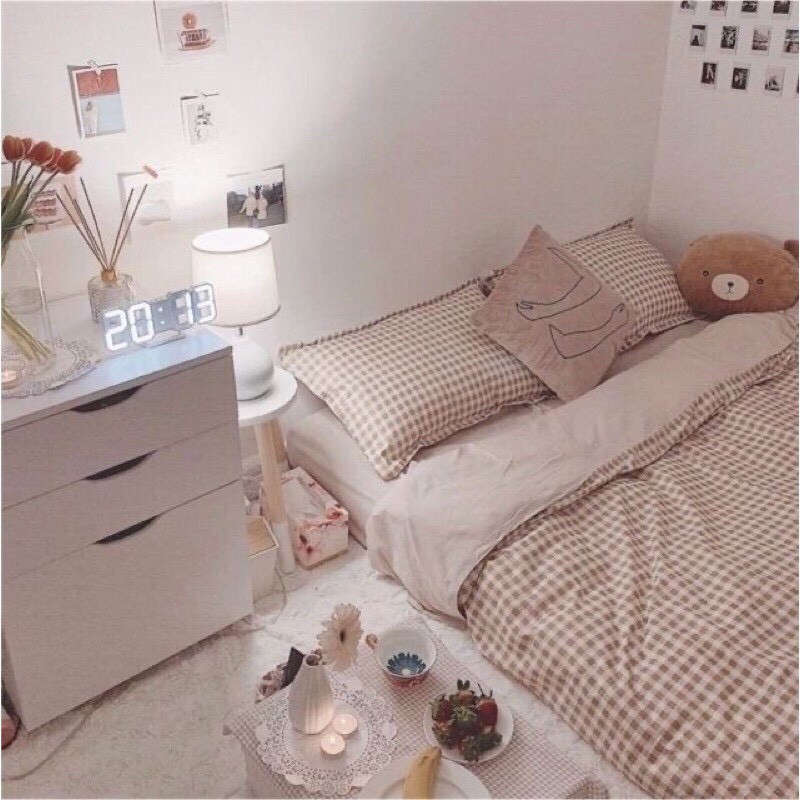 Bộ chăn ga gối , drap giường chất cotton poly họa tiết kẻ Caro be