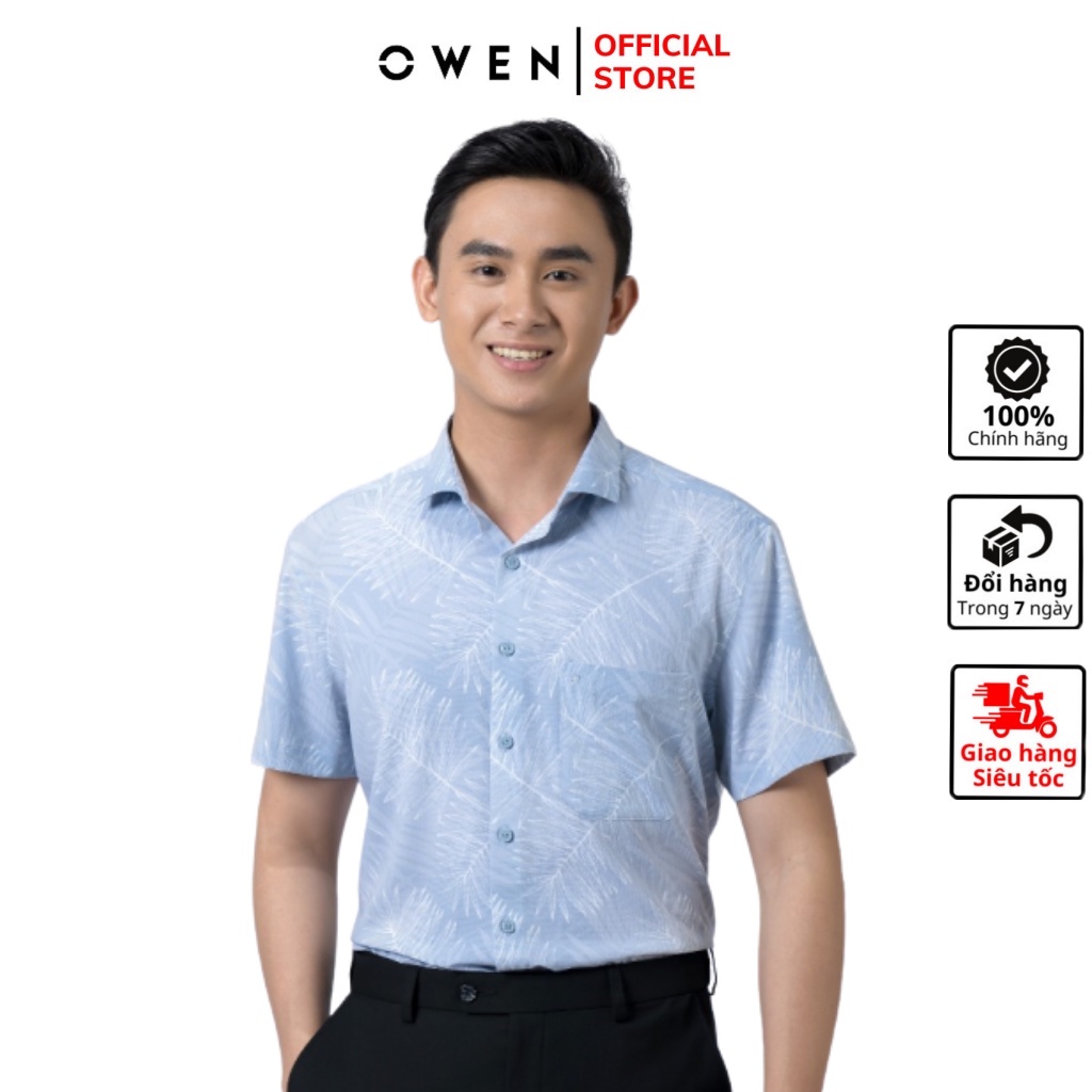 Áo sơ mi nam ngắn tay OWEN BA220060NT somi công sở vải bạc hà cao cấp màu ghi in lá dáng suông tà bằng có túi