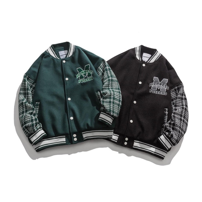 Áo Khoác Bomber Chữ M Phối Tay Kẻ Nam Nữ, Phong Cách Bóng Chày Hoạ Tiết Đỉnh Cao Thời Trang BomBer