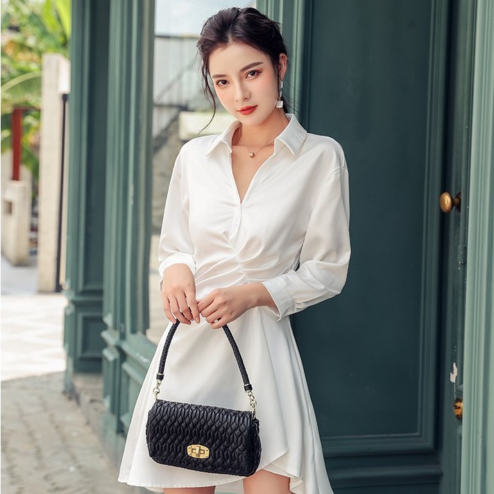 Đầm sơ mi nữ dáng a kiểu nhúng tay dài Emilyshop