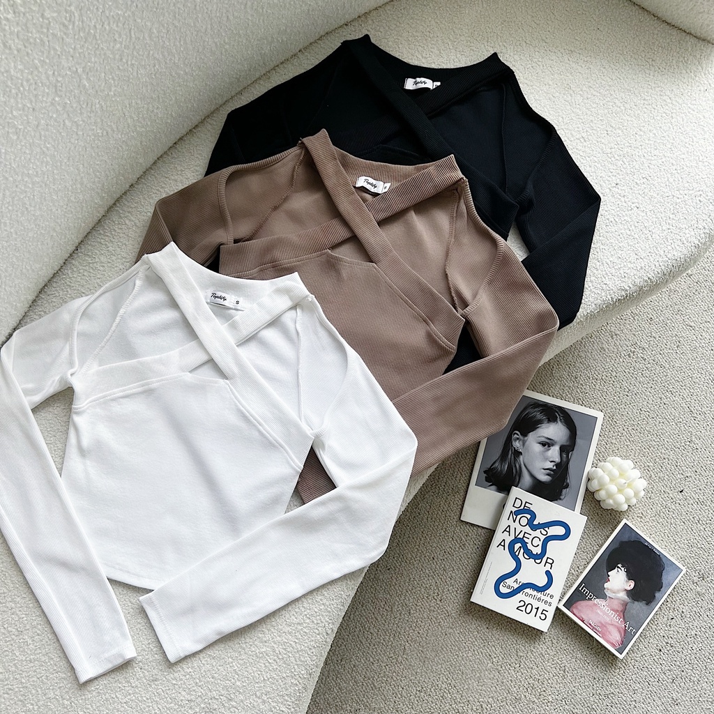 Áo croptop nữ tay dài TOPTIFY khoét vai dây chéo cổ bảng to Santorini Top AC21