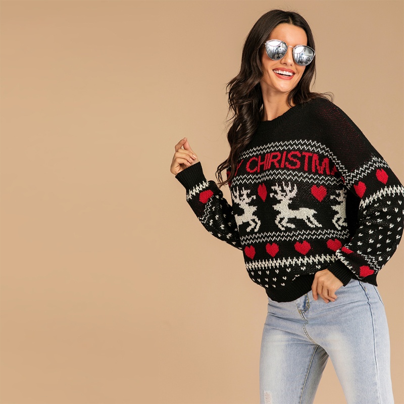 Áo Sweater Dệt Kim Tay Dài In Hình Tuần Lộc Giáng Sinh Dễ Thương Cho Nữ