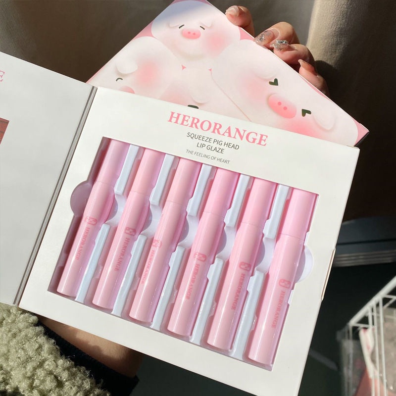 Set 6 Son Môi Chống Nước Thiết Kế Vỏ Son Hình Chú Heo/Chú Heo Dễ Thương