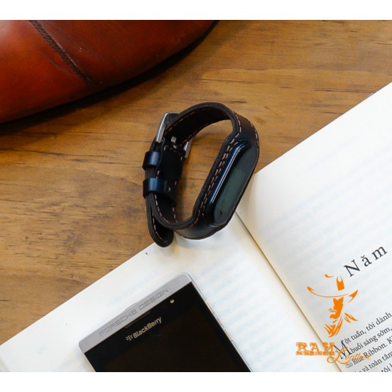 Dây đồng hồ RAM Leather vintage cho miband 4 và miband 3 ver2 - da bò đen tuyền (da bò thật) - RAM Leather