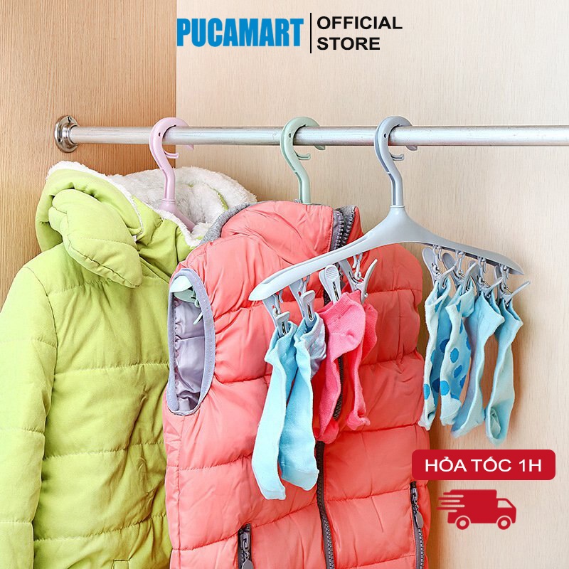 Móc Phơi Quần Áo, Tất, Móc 8 Kẹp PUCA - Móc Quần Áo Đồ Sơ Sinh Cho Bé Đa Năng, Móc Nhựa Phơi Vớ Tất Khẩu Trang