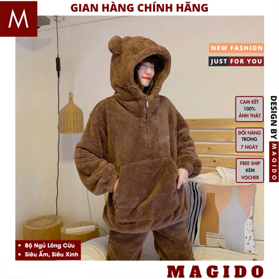 Bộ Ngủ Lông Cừu Mũ Tai Gấu Siêu Xinh, Bộ quần ao ngủ nữ mùa đông ấm áp dày dặn 2 màu Be Nâu, áo lông nữ, MAGIDO