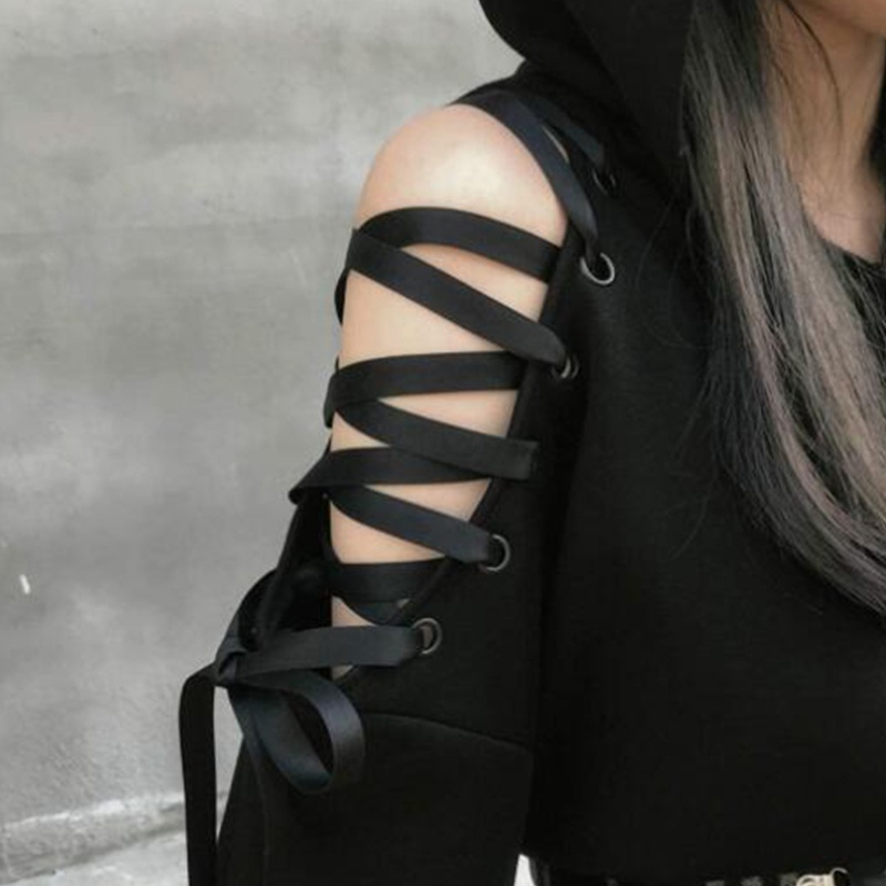 Áo Hoodie Croptop Tay Dài Hở Vai Dáng Rộng Cột Dây Họa Tiết Tai Mèo Dễ Thương Phong Cách Harajuku Cho Nữ