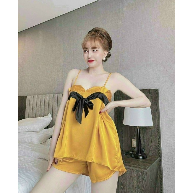Đồ bộ đùi nữ mặc nhà, bộ ngủ dễ thương hai dây chất lụa satin cao cấp CARY