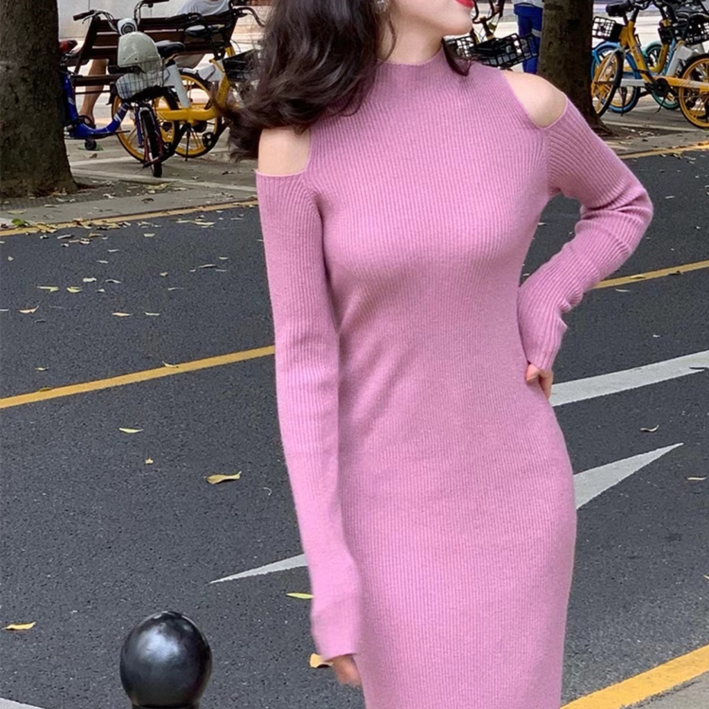 Đầm maxi SUXI dáng chữ A dệt kim trễ vai màu sắc trơn phong cách cổ điển thời trang cho nữ