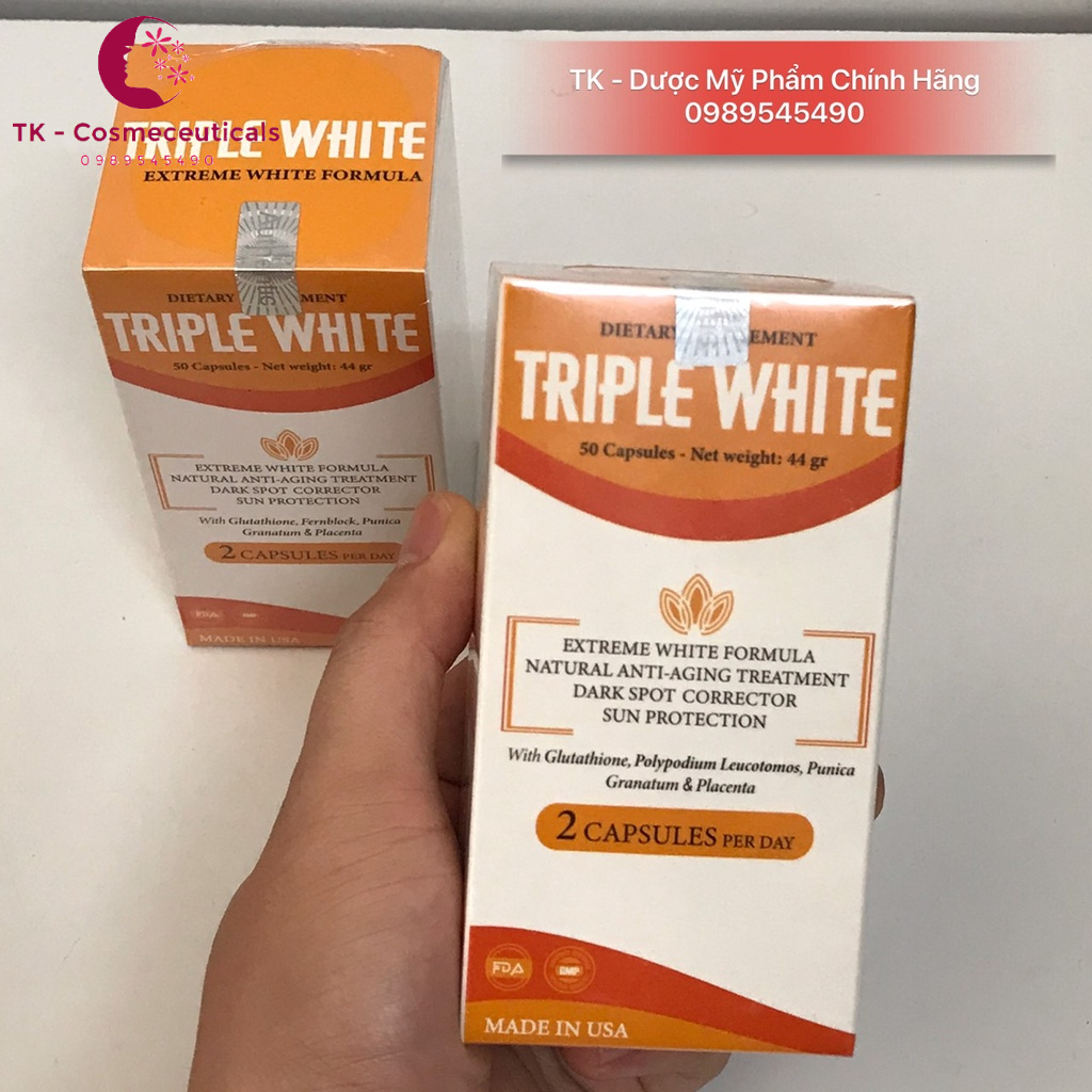 TRIPLE WHITE Viên Uống Trắng Da Glutathione 1200mg, Chống Nắng, Giảm Thâm Nám, Chống Lão Hoá - 50 Viên