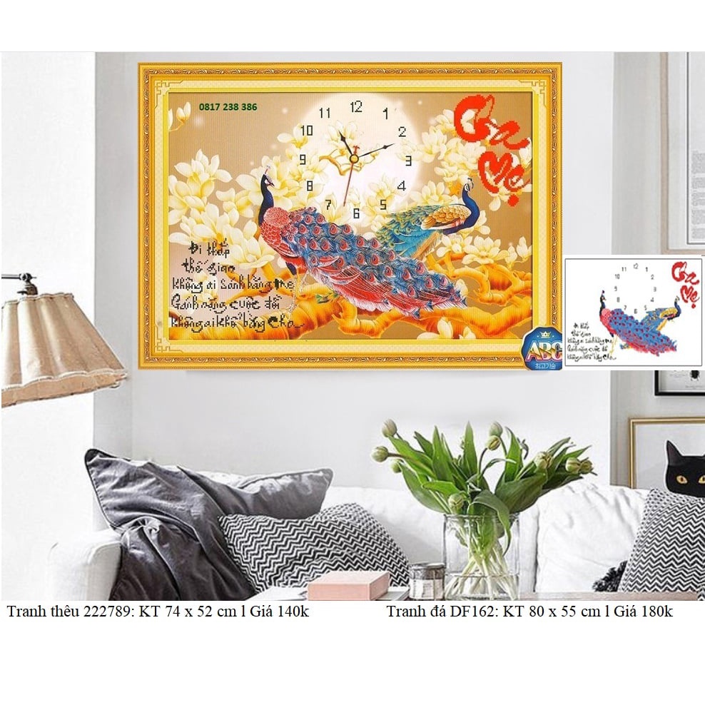 Tranh thêu chữ thập ( Giá sỉ) đồng hồ cha mẹ mã 222789 (74 x 52 cm), tranh đá DF162 (80x55cm)