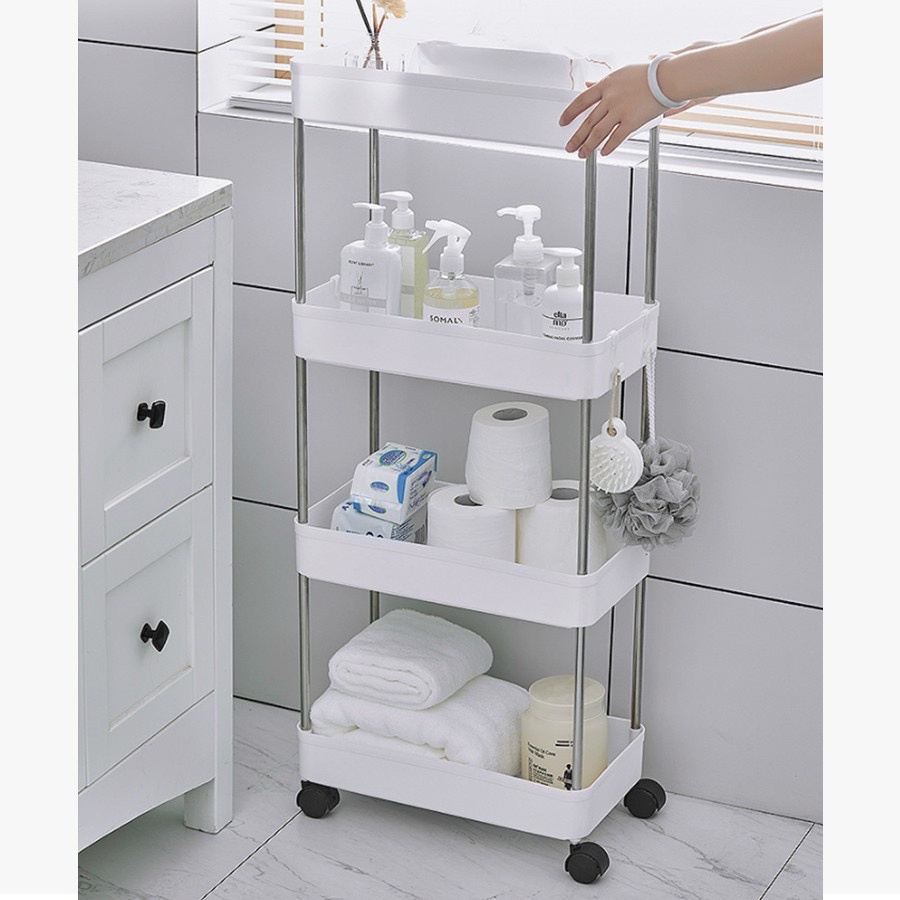 Kệ đựng đồ 4 tầng có bánh xe, giá để đồ 4 ngăn có bánh xe xoay 360 độ, xe để đồ 4 tầng