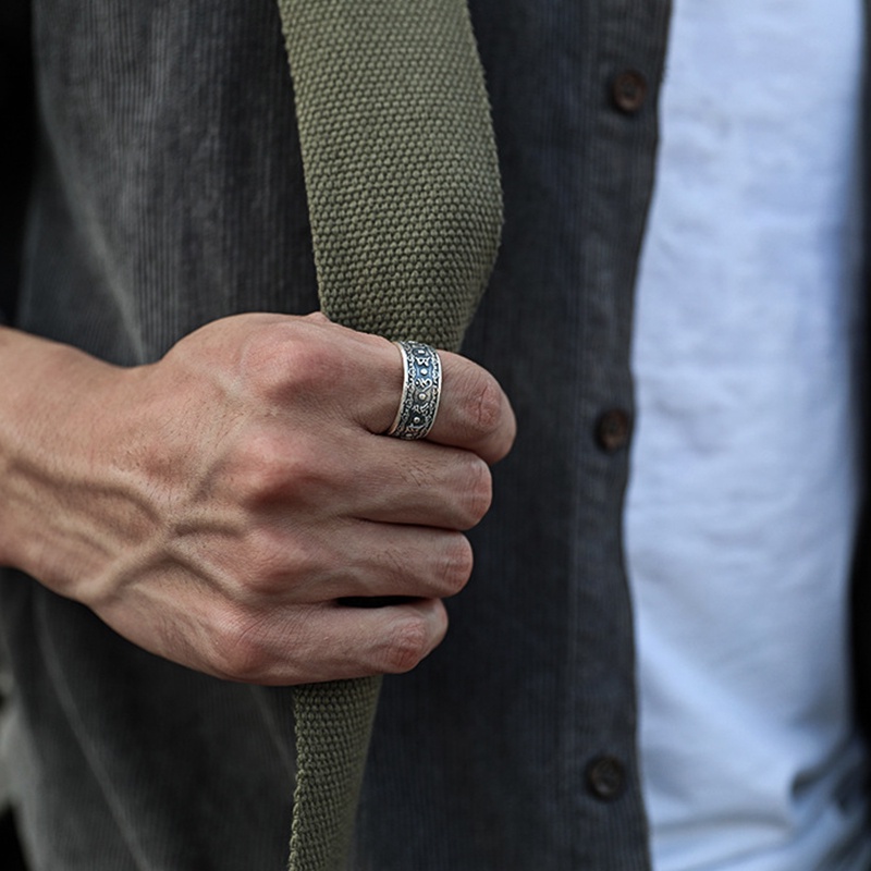 Nhẫn Nam Cổ điển Tiếng Tây Tạng Thay đổi vận may S925 được khắc bên trong Bạc Thái Phong cách Lớn NH-191