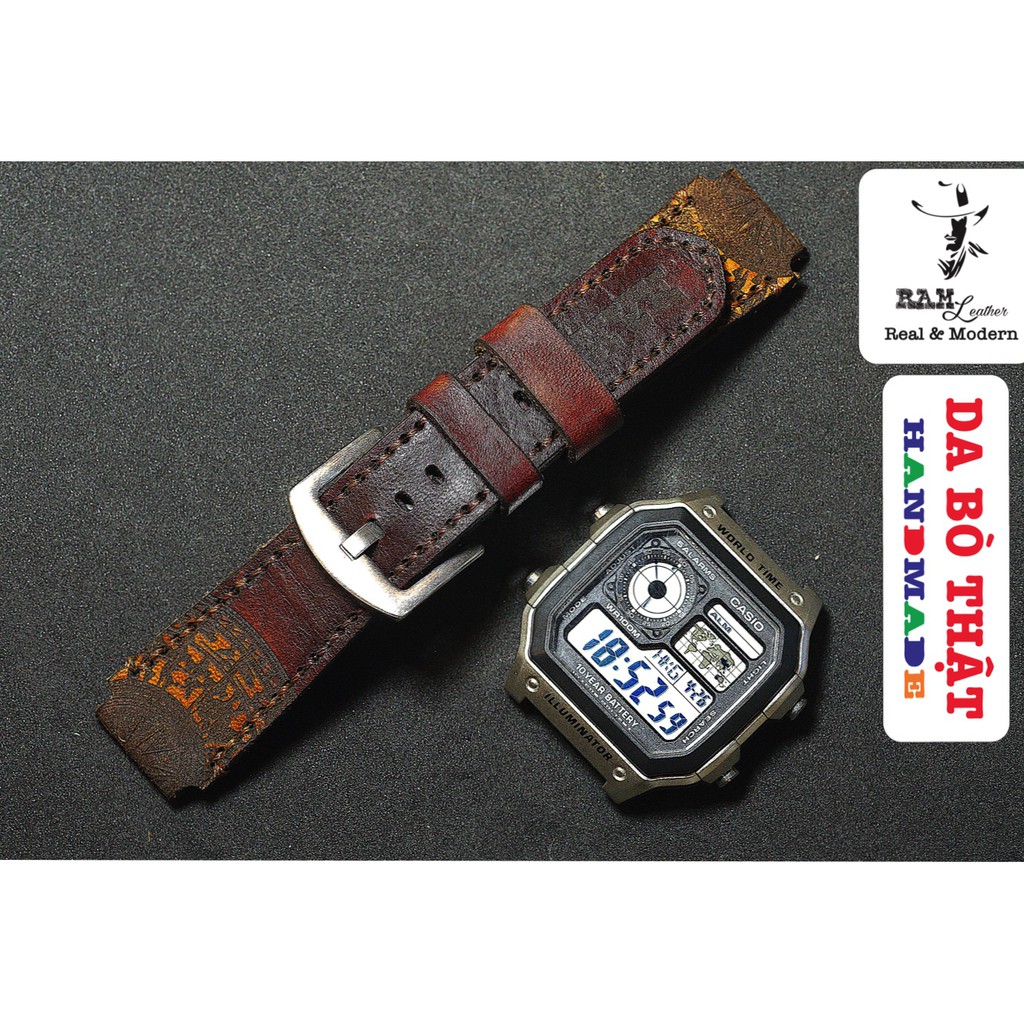 Dây đồng hồ RAM Leather Trống đồng cho CASIO 1200, AE 1200, 1300, 1100, A159 , A168 , Size 18 da bò vegtan mahogany